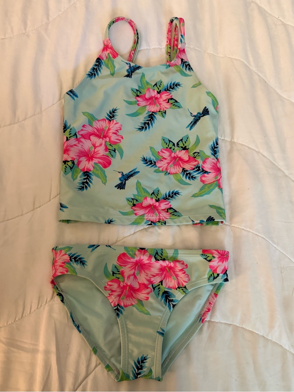 The Children's Place Light Blue Floral Tankini with Pink Hibiscus